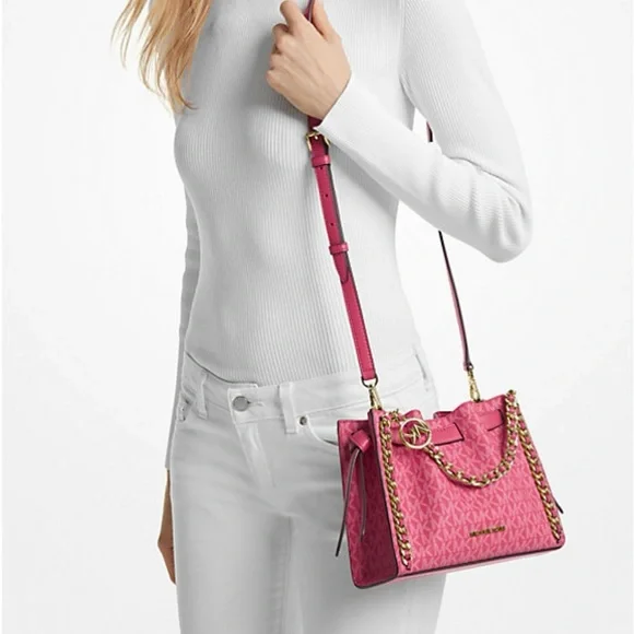 Michael Kors Mina Signature Logo Chain Pink Crossbody Shoulder Bag New - Picture 16 of 16